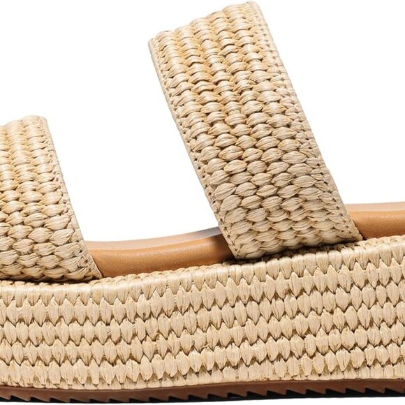 Women's Wedge Espadrille Sandals Faux Raffia Open Toe Summer Beach Shoes - Picture 1 of 6